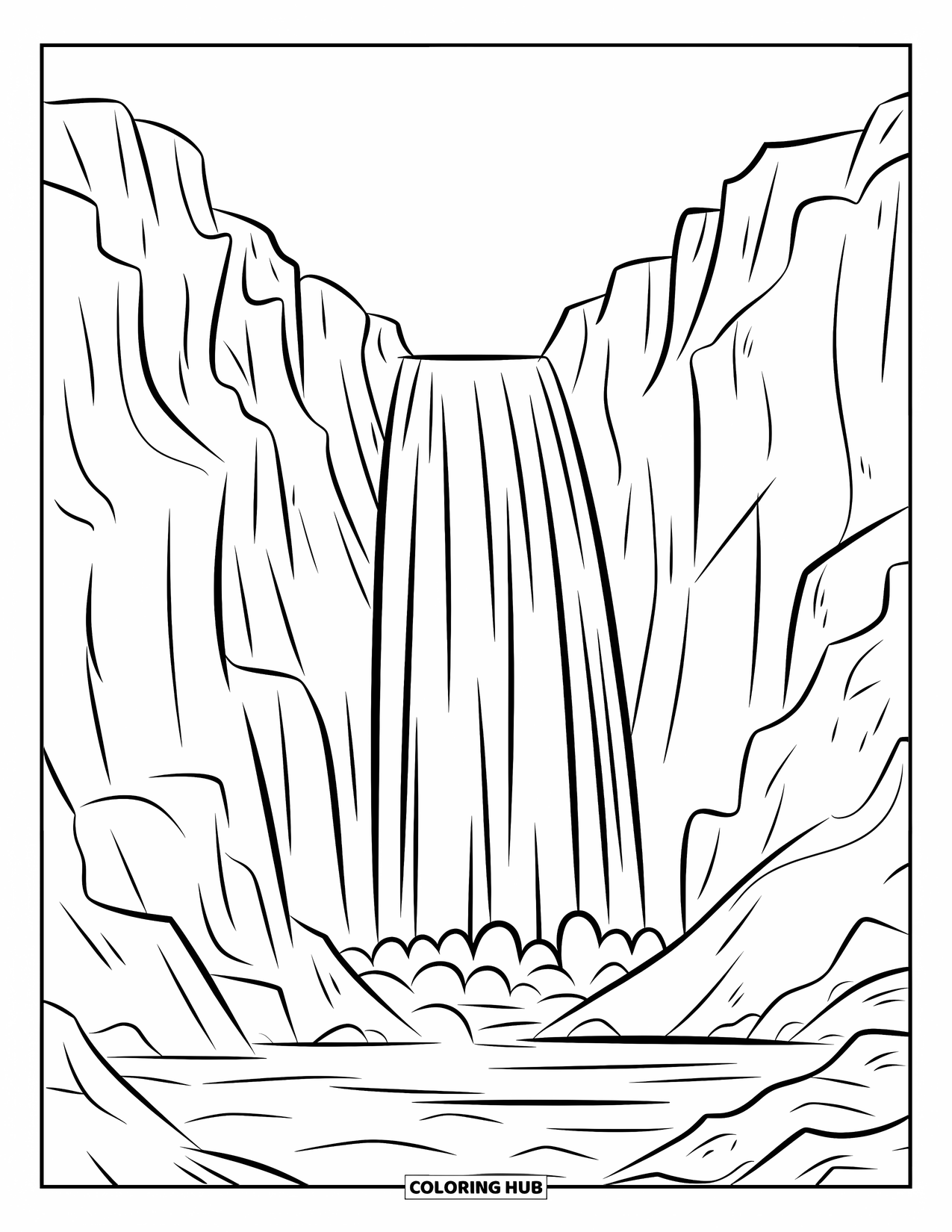 Mountain Coloring Page for Kids: A waterfall cascading down a high mountain with jagged rock faces