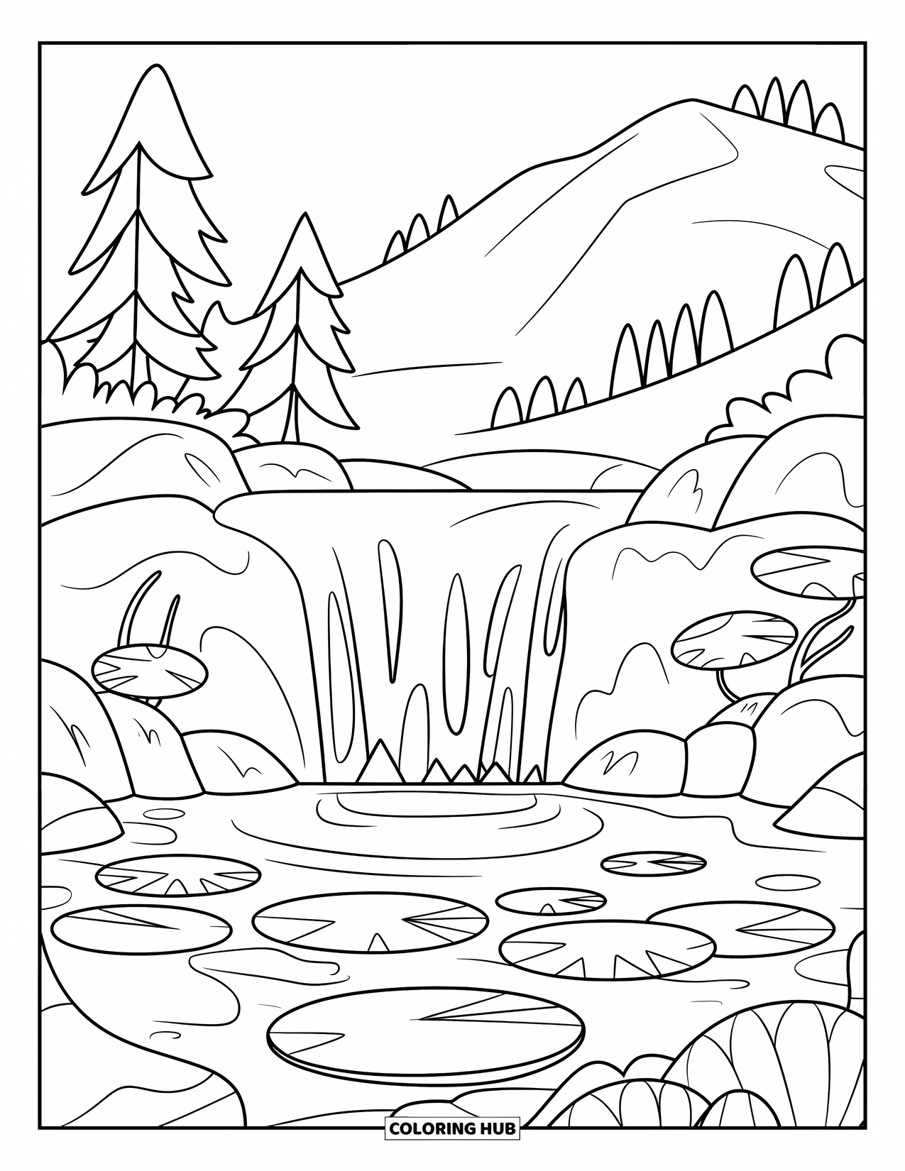 Mountain Coloring Page for Kids: A waterfall cascading into a pond with lily pads and a frog