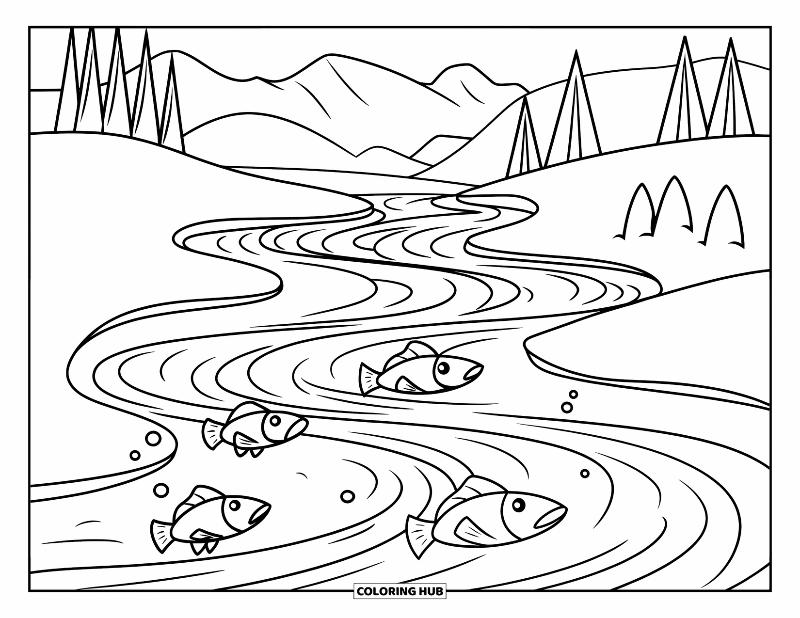 Mountain Coloring Page for Kids: A winding river with fish jumping and a wooden bridge nearby