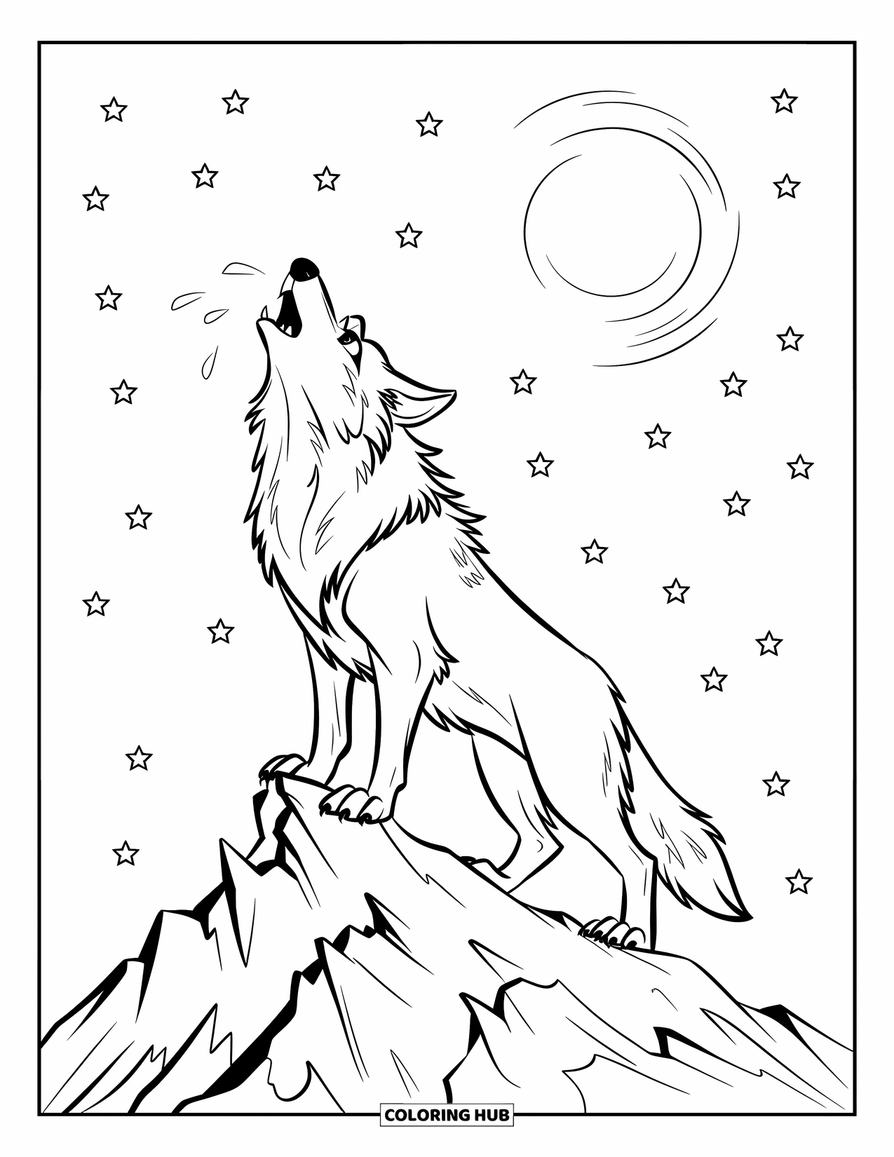 Mountain Coloring Page for Kids: A wolf with sharp eyes howling on a rocky peak beneath a starry sky