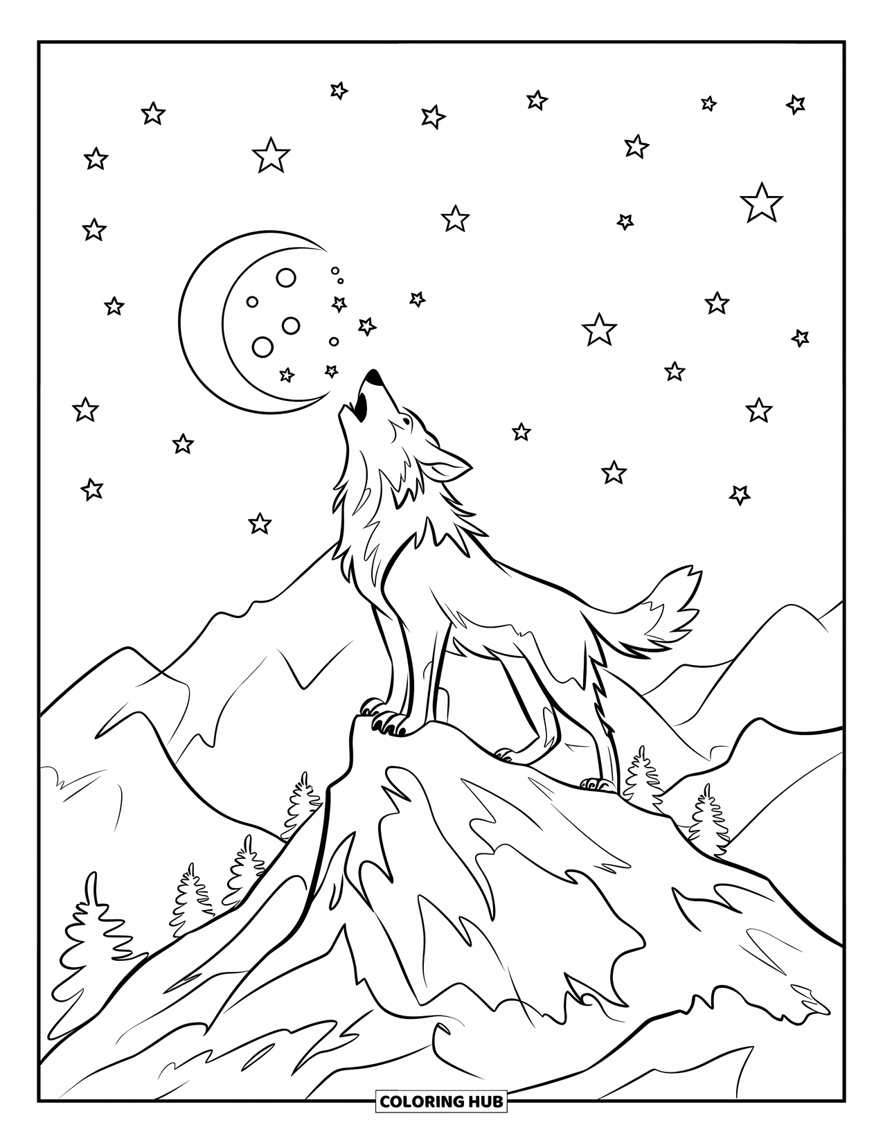 Mountain Coloring Page for Kids: A wolf with thick fur howling at the moon on a rocky mountain peak