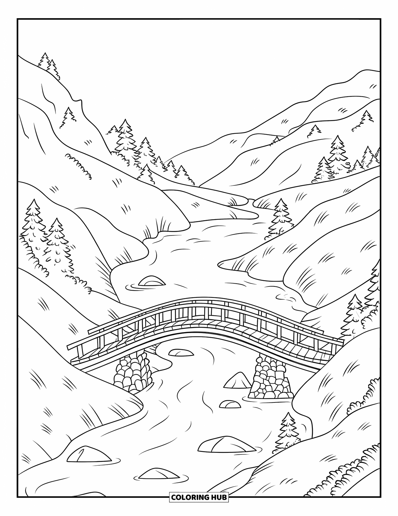 Mountain Coloring Page for Kids: A wooden bridge over a river surrounded by mountains and trees