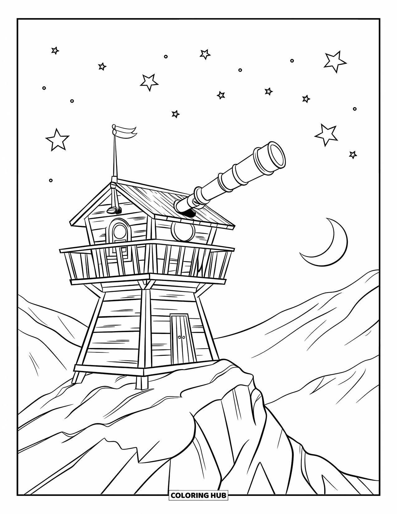 Mountain Coloring Page for Kids: A wooden tower with a telescope on a mountain peak under a starry sky