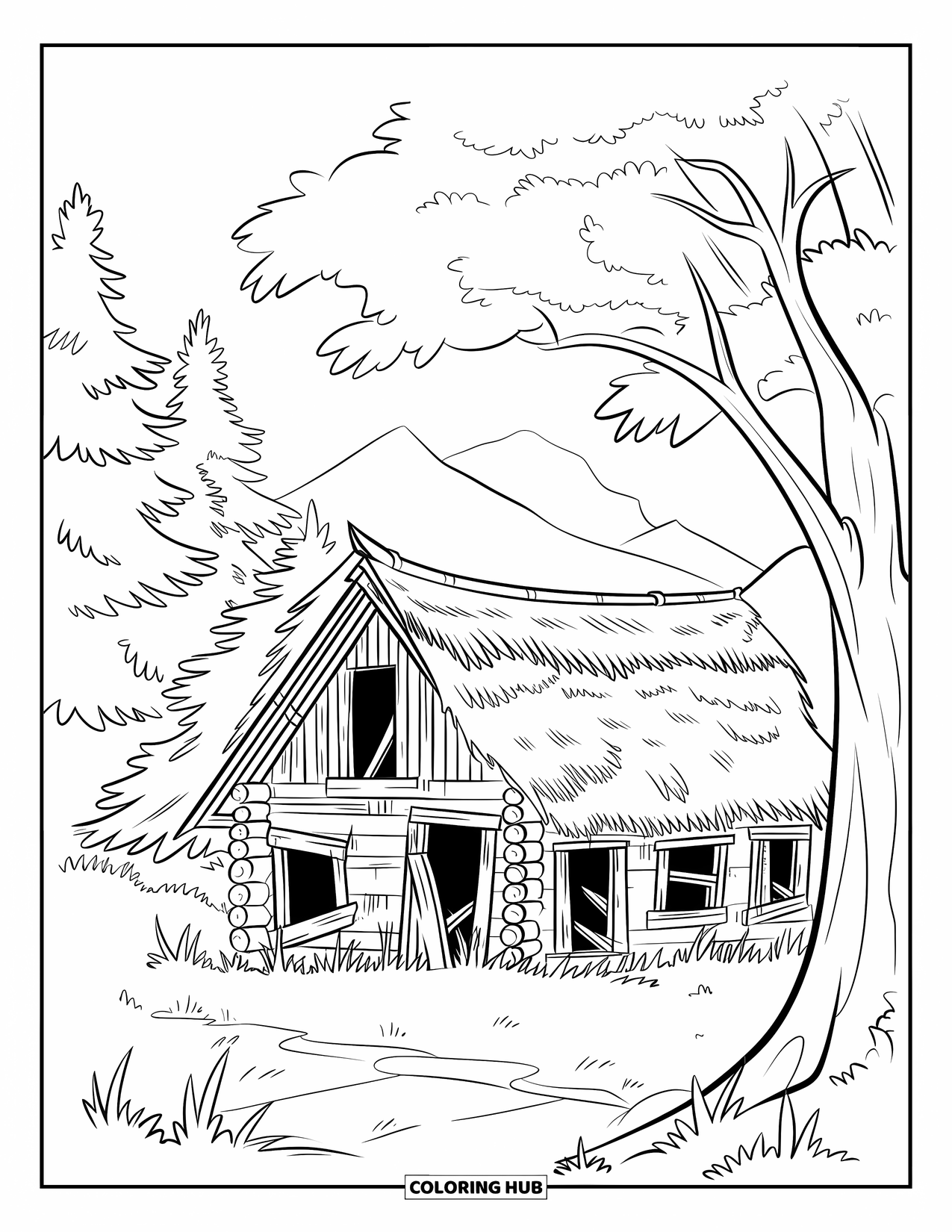 Mountain Coloring Page for Kids: An abandoned cabin with a thatched roof and broken windows under a large tree branch