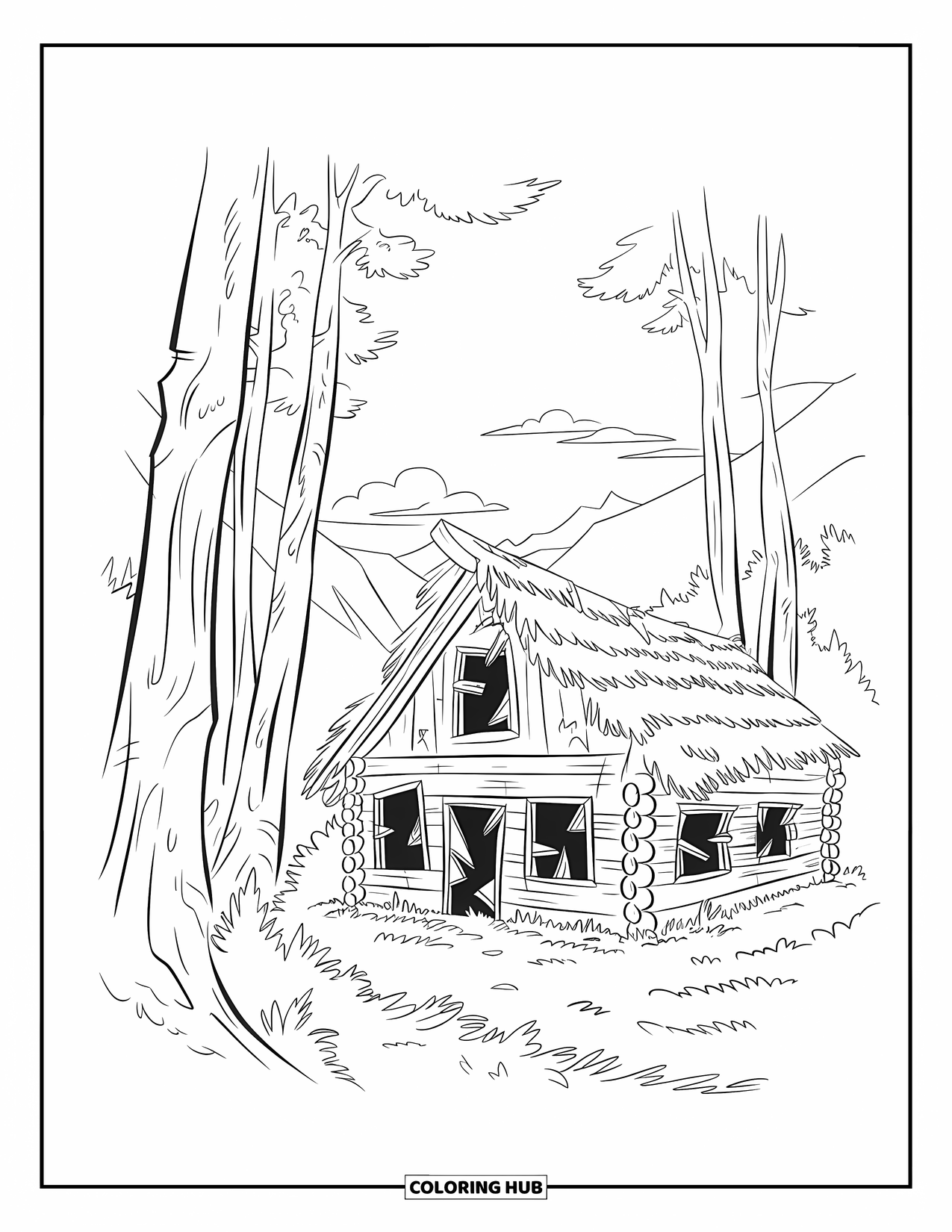 Mountain Coloring Page for Kids: An abandoned cabin with a thatched roof surrounded by tall trees and a clear sky