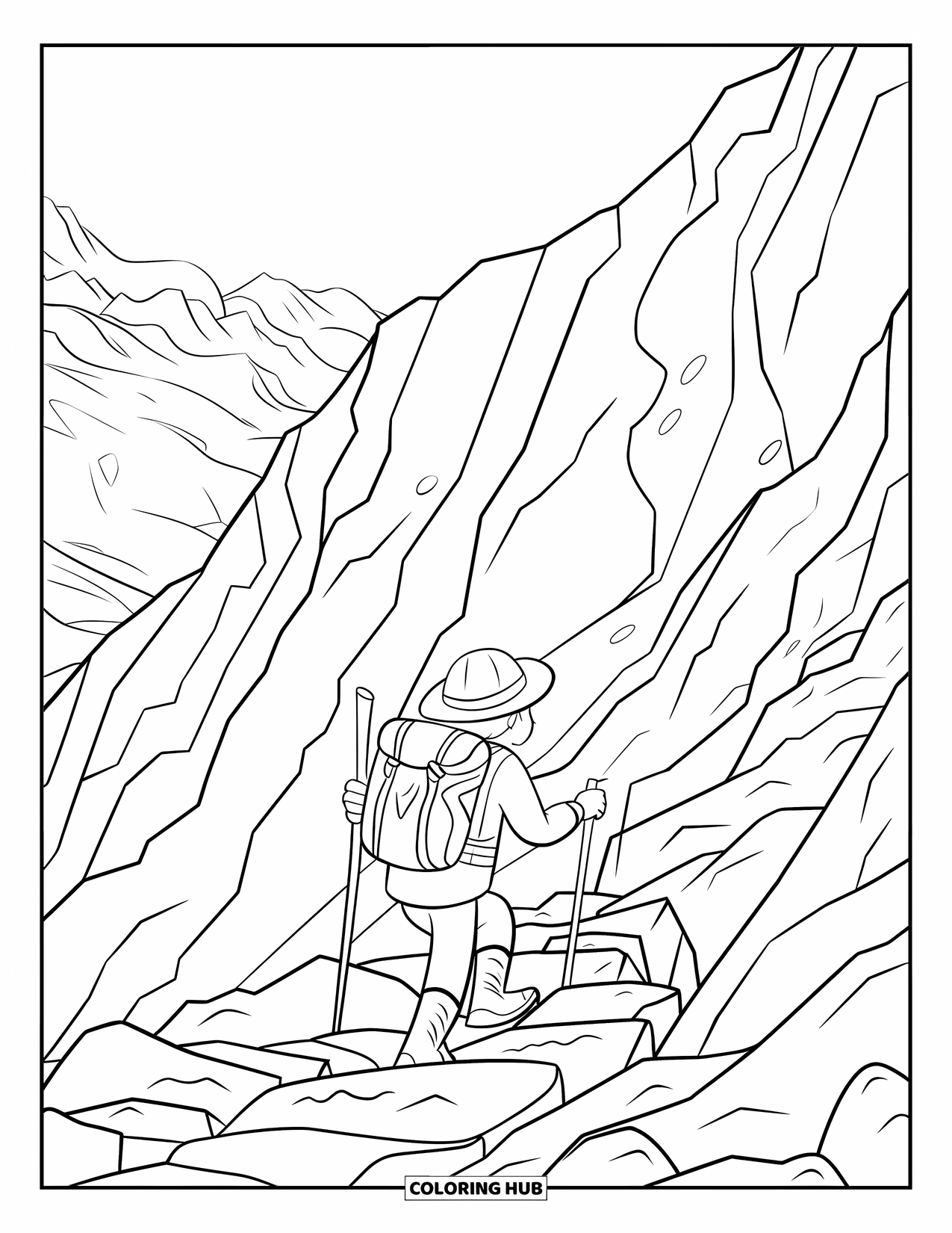 Mountain Coloring Page for Kids: An adventurer with a hat and walking stick on a rocky mountain path