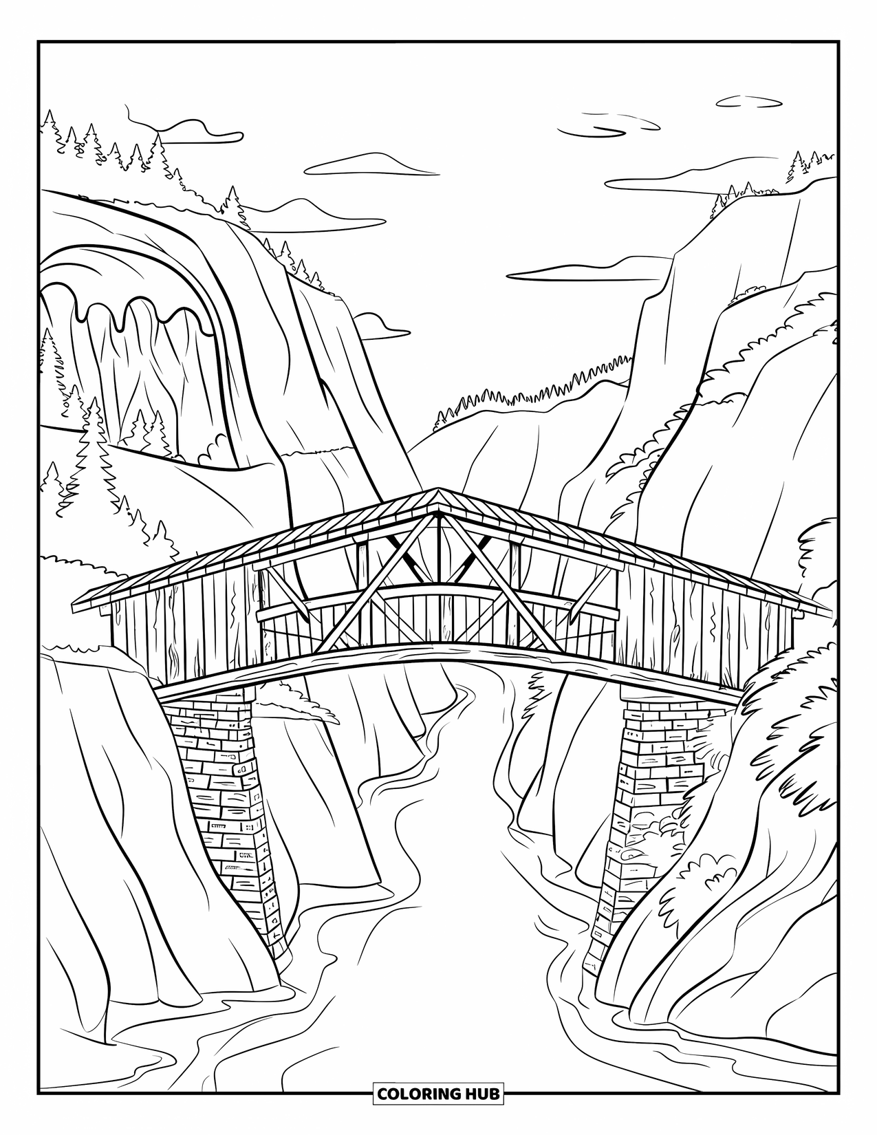 Mountain Coloring Page for Kids: An old bridge with stone pillars crossing a serene gorge with mountains nearby