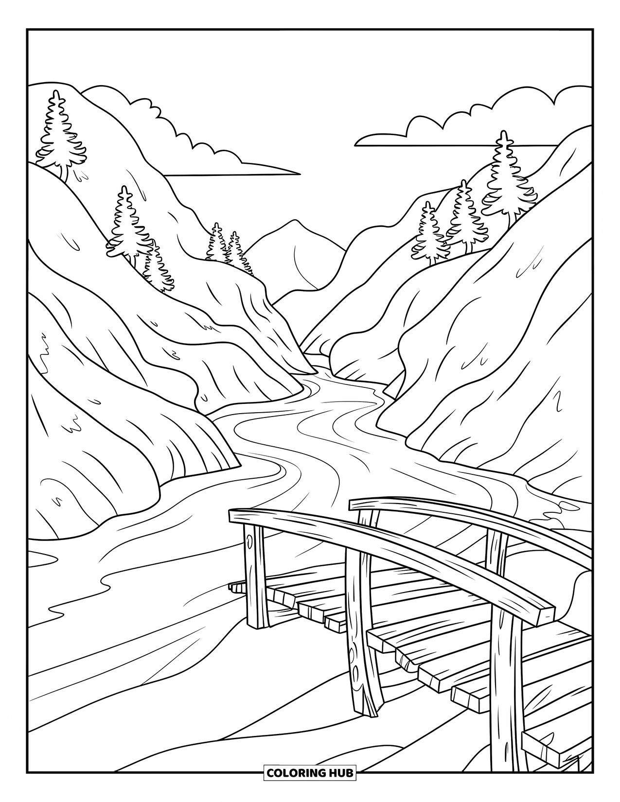Mountain Coloring Page for Kids: An old wooden bridge crossing a calm river through mountains