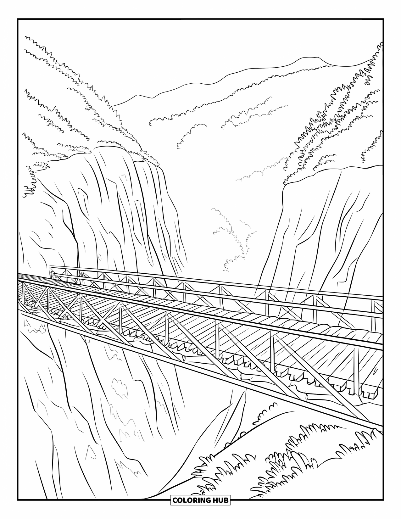 Mountain Coloring Page for Kids: An old wooden bridge crossing a deep mountain gorge with steep, rocky sides