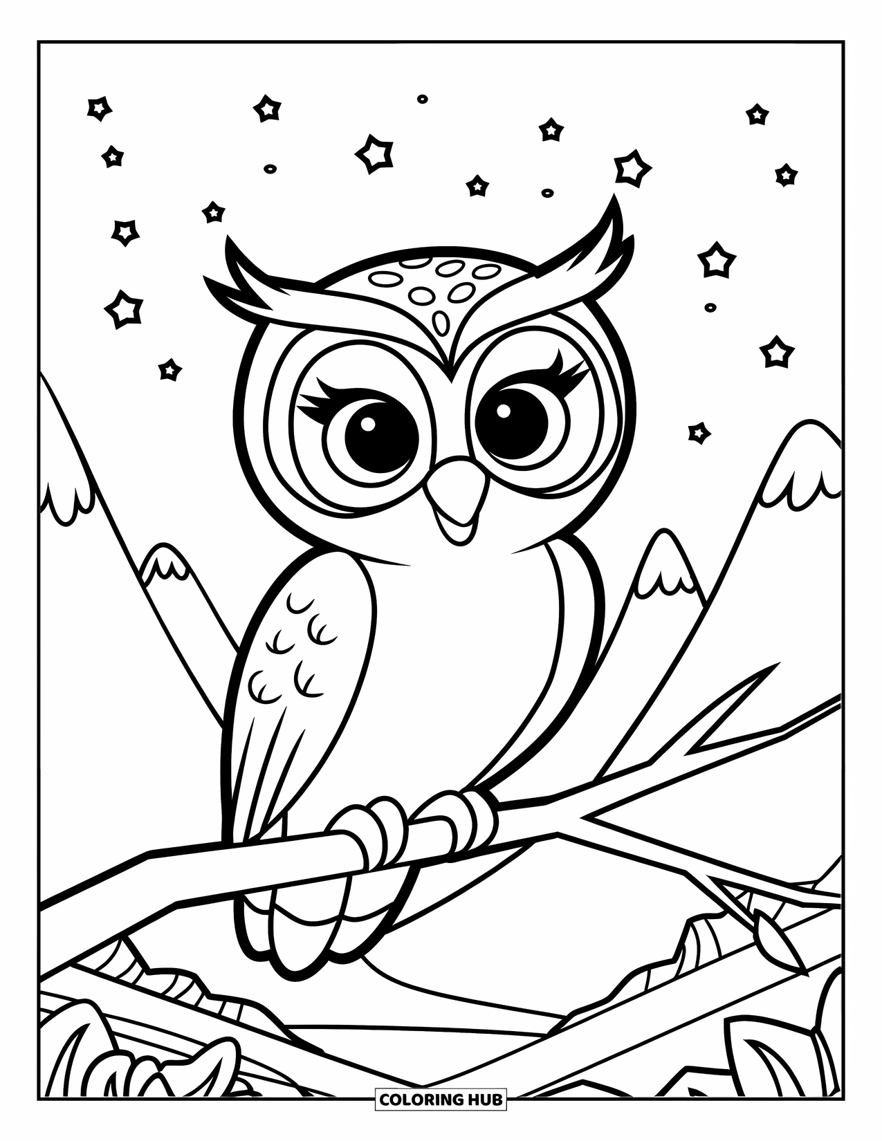 Mountain Coloring Page for Kids: An owl with big eyes perched on a branch under a starry sky
