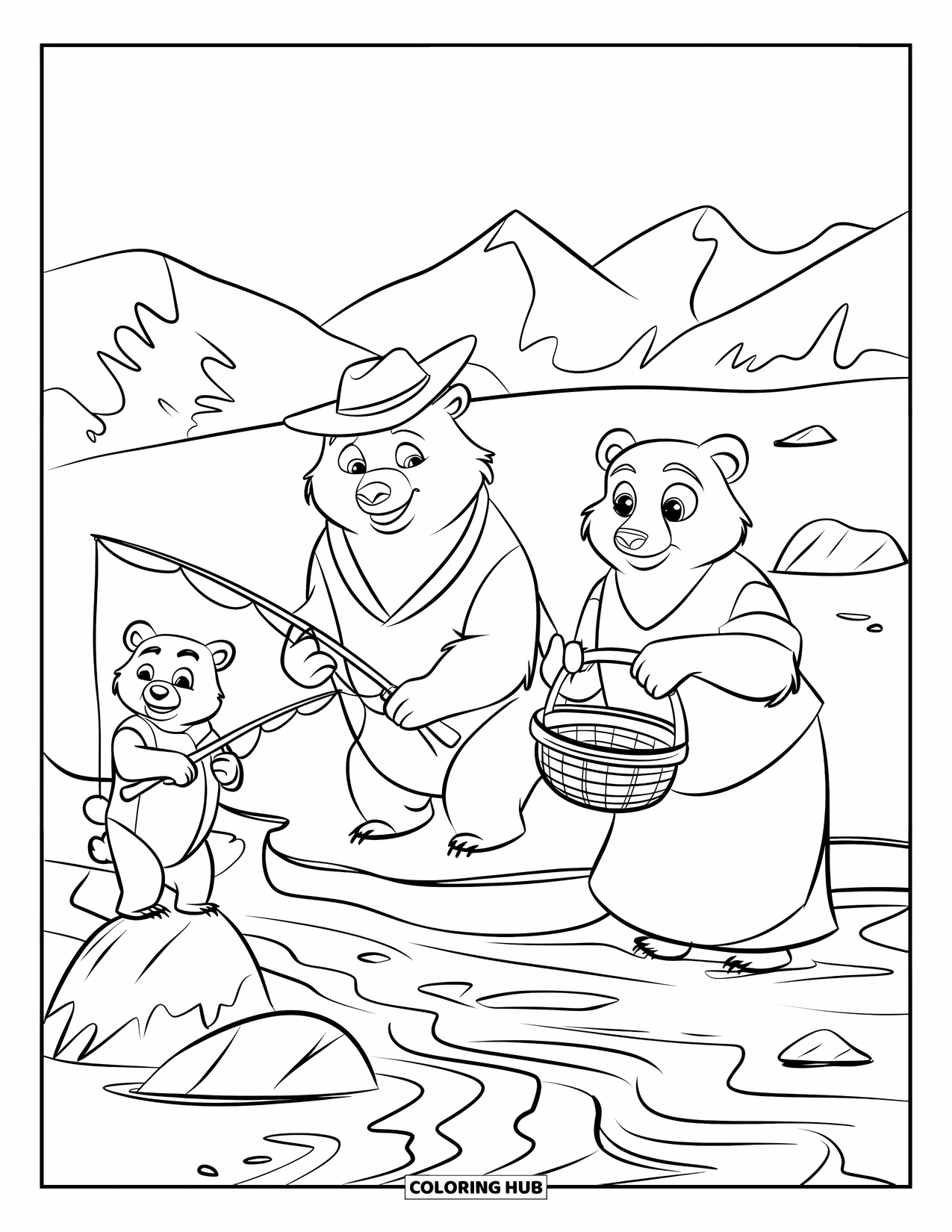 Mountain Coloring Page for Kids: Three bears fishing by a mountain stream, with one bear wearing a hat