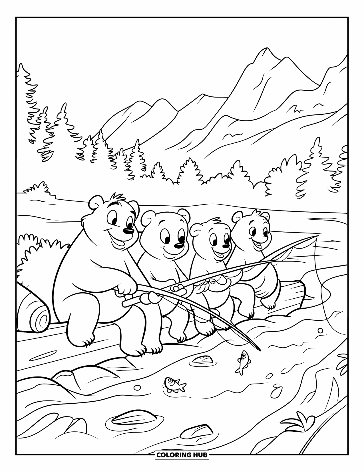 Mountain Coloring Page for Kids: Three bears fishing by a stream near a forest and misty mountains