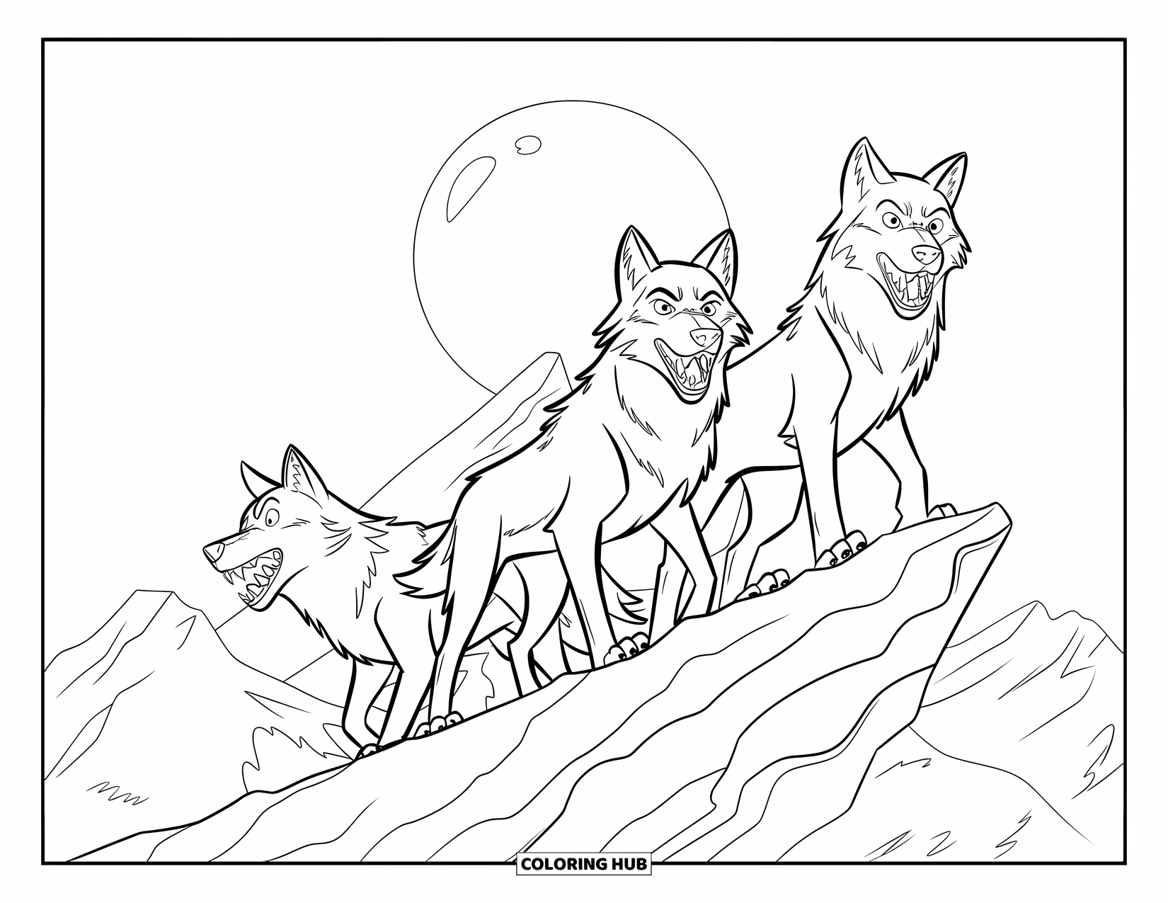 Mountain Coloring Page for Kids: Three wolves howling at the full moon on a mountain ridge