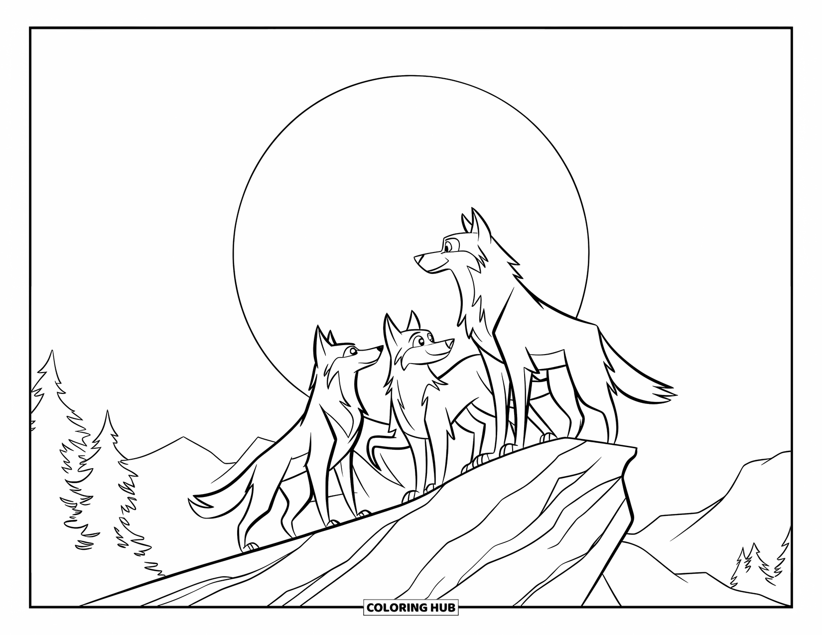 Mountain Coloring Page for Kids: Three wolves standing under a full moon on a rocky mountain ridge