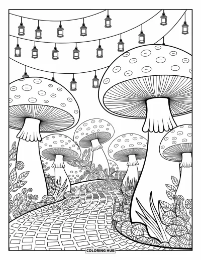 Mushroom Coloring Page for Adults: A charming mushroom village with winding paths and lanterns