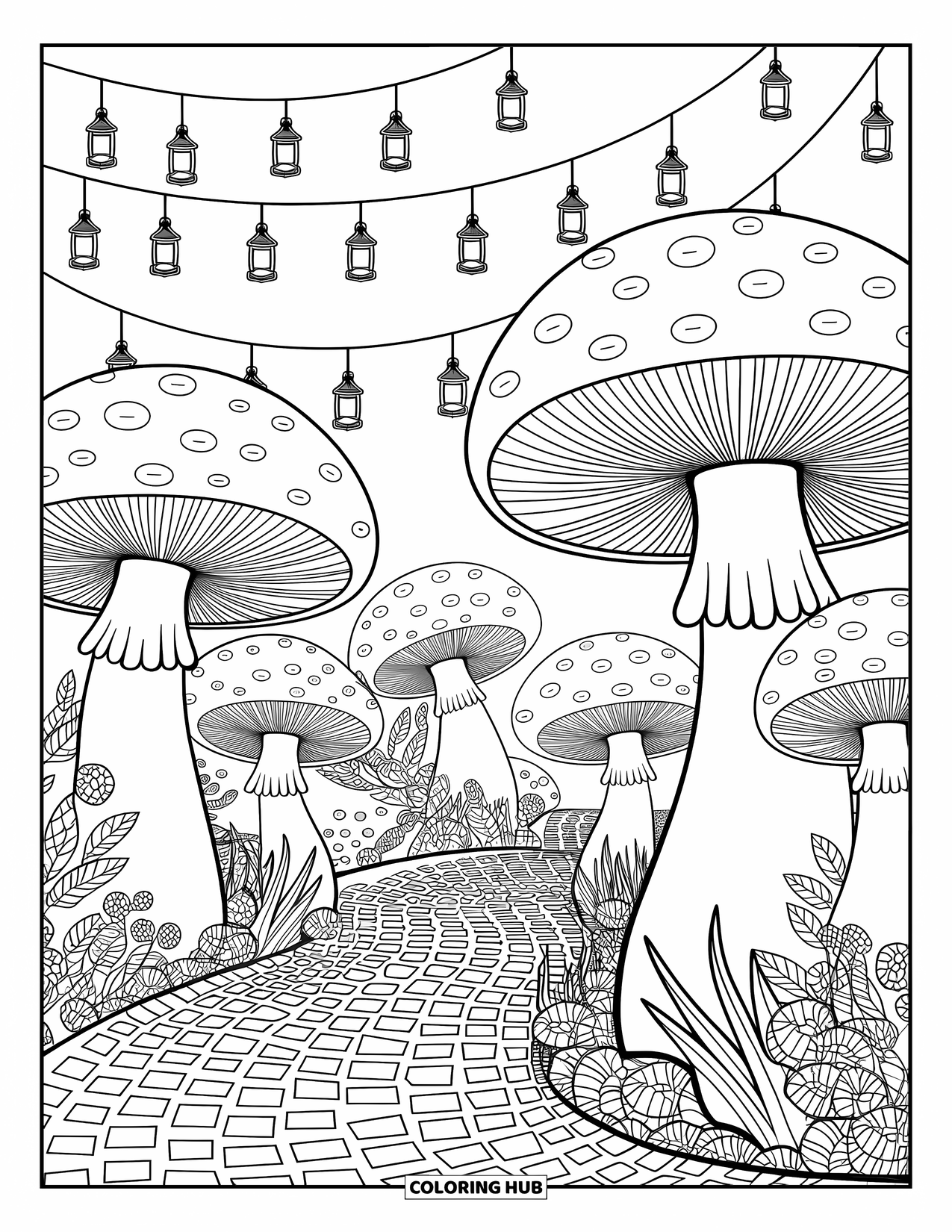 Mushroom Coloring Page for Adults: A charming mushroom village with winding paths and lanterns