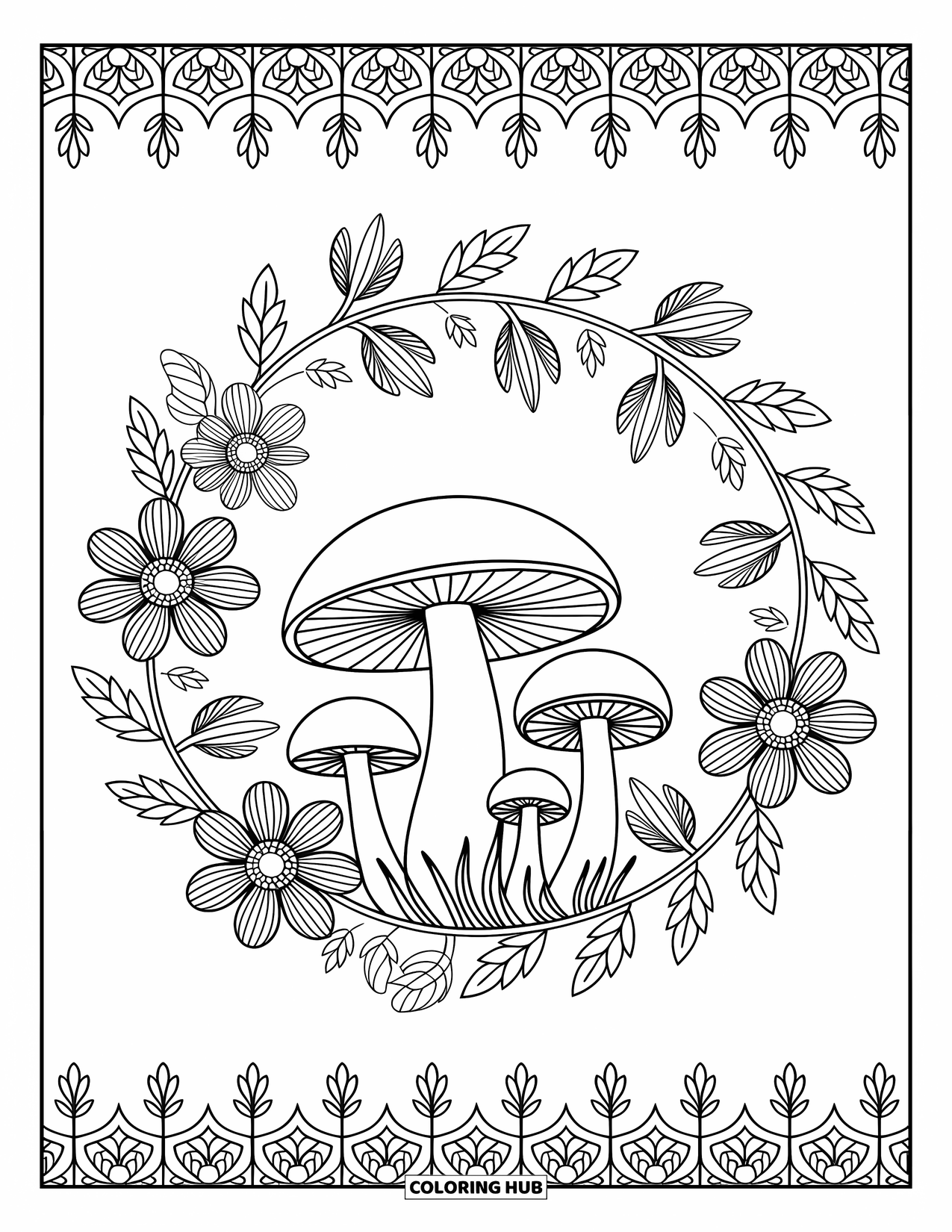 Mushroom Coloring Page for Adults: A circle of mushrooms surrounded by ivy and flowers