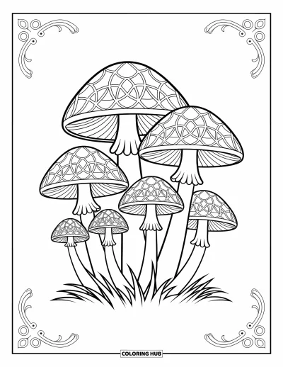 Mushroom Coloring Page for Adults: A cluster of mushrooms with stained-glass-style patterns