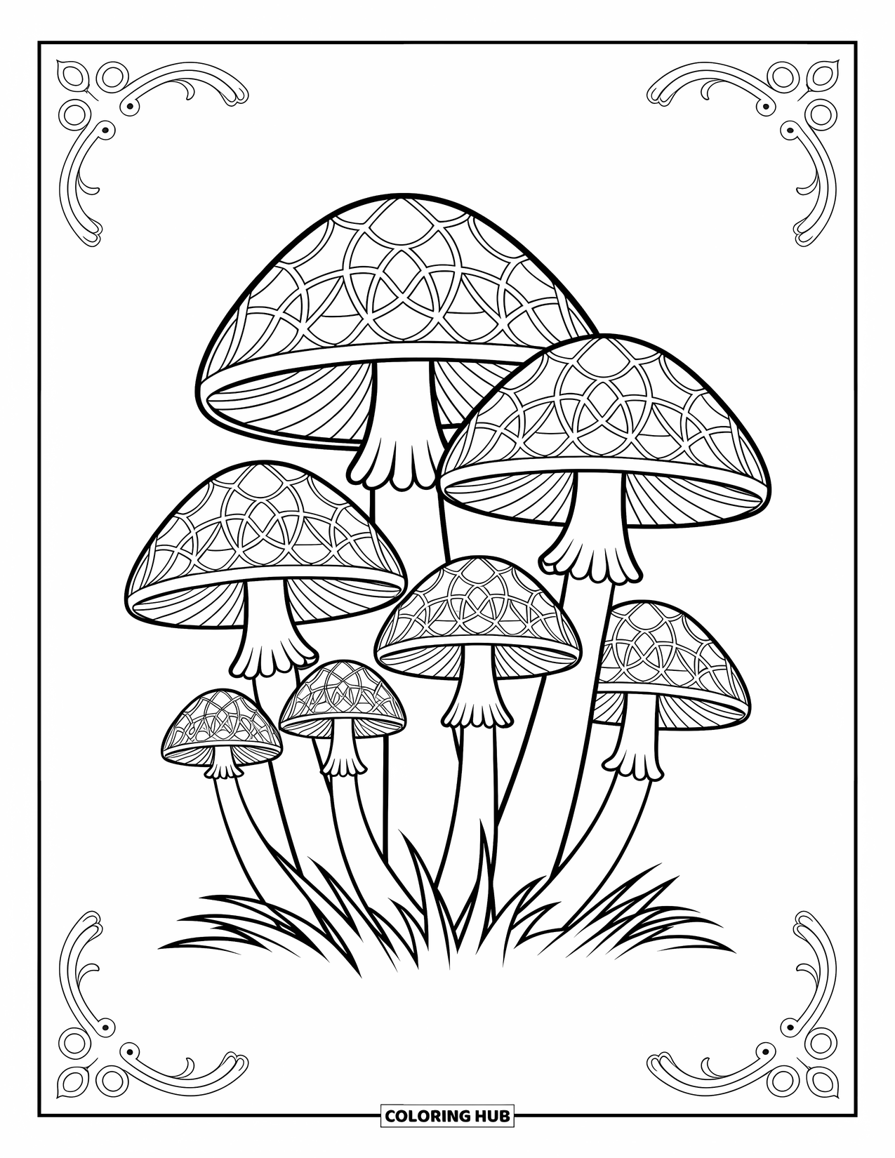 Mushroom Coloring Page for Adults: A cluster of mushrooms with stained-glass-style patterns