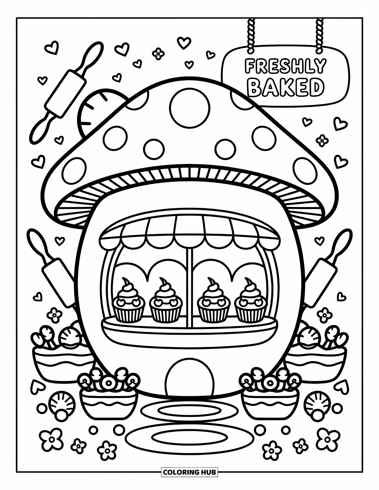 Mushroom Coloring Page for Adults: A cozy bakery mushroom house with cupcakes and flower pots