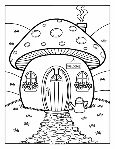 Mushroom Coloring Page for Adults: A cozy mushroom cottage with a chimney, flowers, and a welcome sign