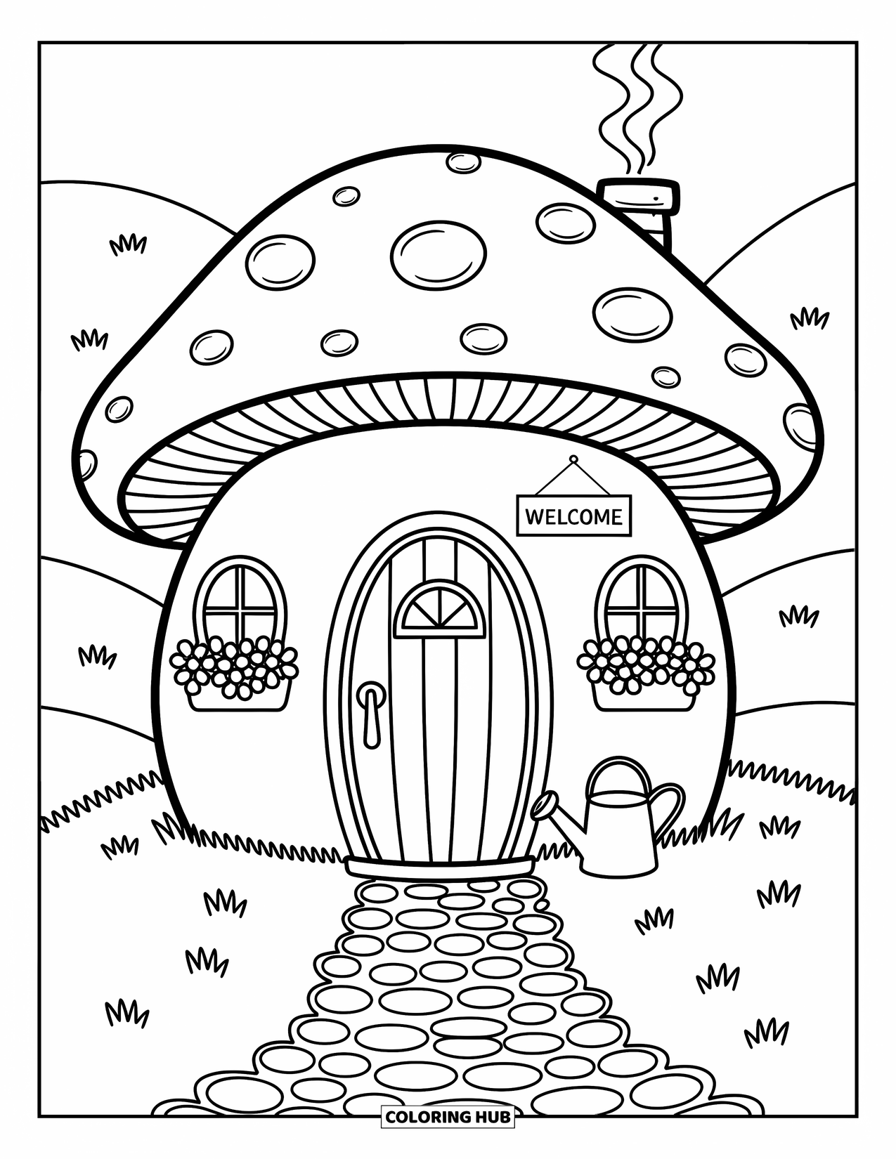 Mushroom Coloring Page for Adults: A cozy mushroom cottage with a chimney, flowers, and a welcome sign