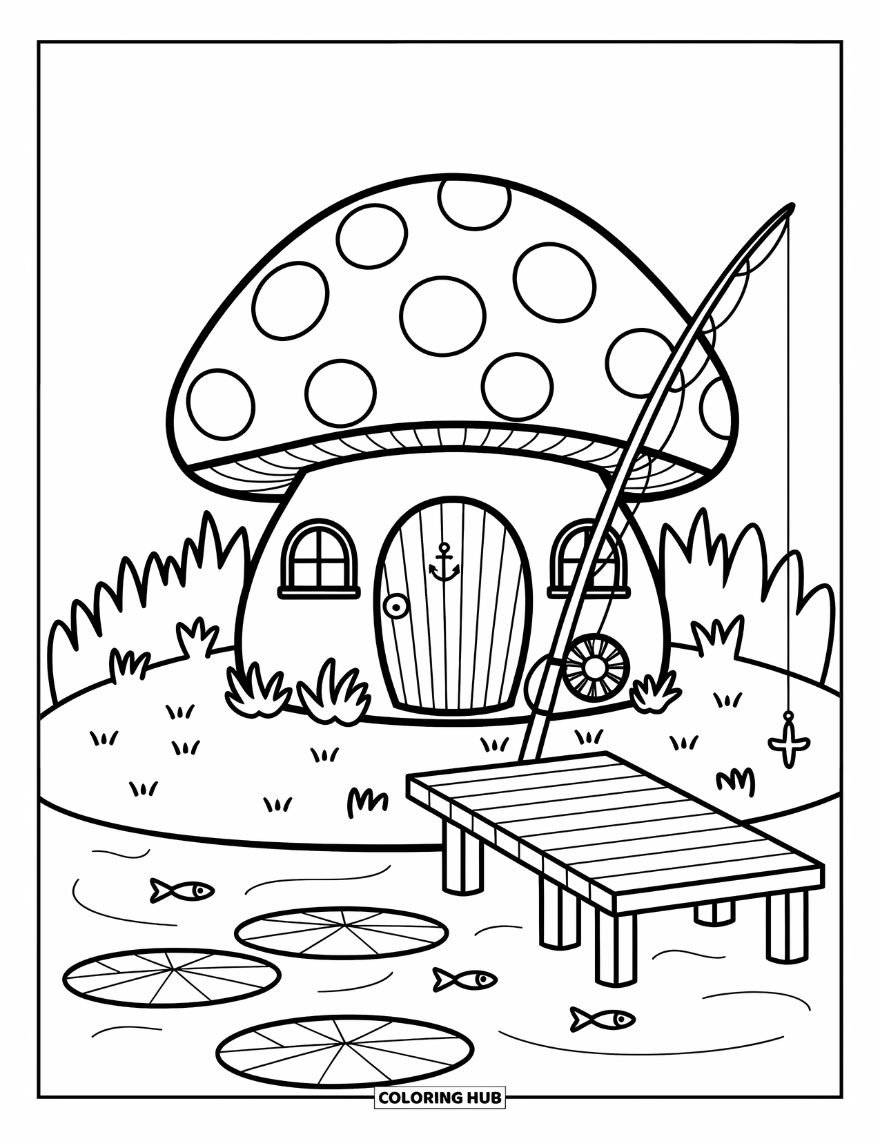 Mushroom Coloring Page for Adults: A cozy mushroom house with a dock, lily pads, and tiny fish