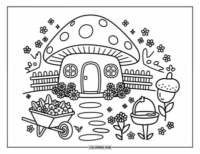 Mushroom Coloring Page for Adults: A cozy mushroom house with flowers, a wheelbarrow, and a cute mailbox