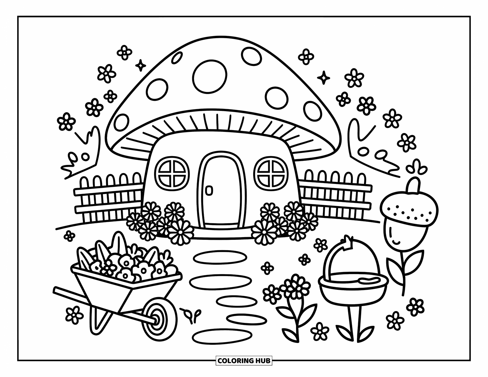 Mushroom Coloring Page for Adults: A cozy mushroom house with flowers, a wheelbarrow, and a cute mailbox