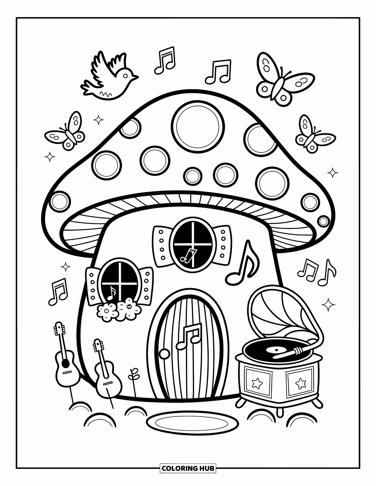 Mushroom Coloring Page for Adults: A cozy mushroom house with music notes and a record player outside