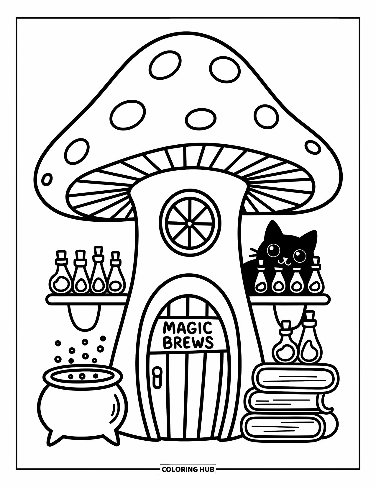 Mushroom Coloring Page for Adults: A cozy mushroom house with shelves of potions and a bubbling cauldron