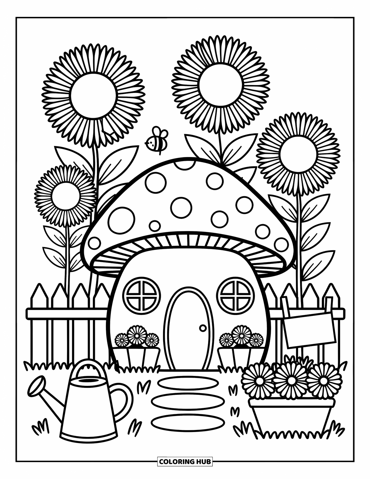 Mushroom Coloring Page for Adults: A cozy mushroom house with sunflowers, flower pots, and a tiny bee