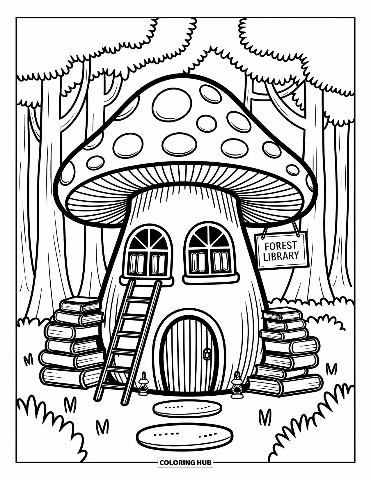 Mushroom Coloring Page for Adults: A cozy mushroom library with books, lanterns, and a ladder