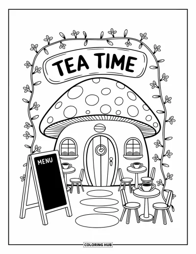 Mushroom Coloring Page for Adults: A cozy tea shop mushroom house with vines and a chalkboard menu