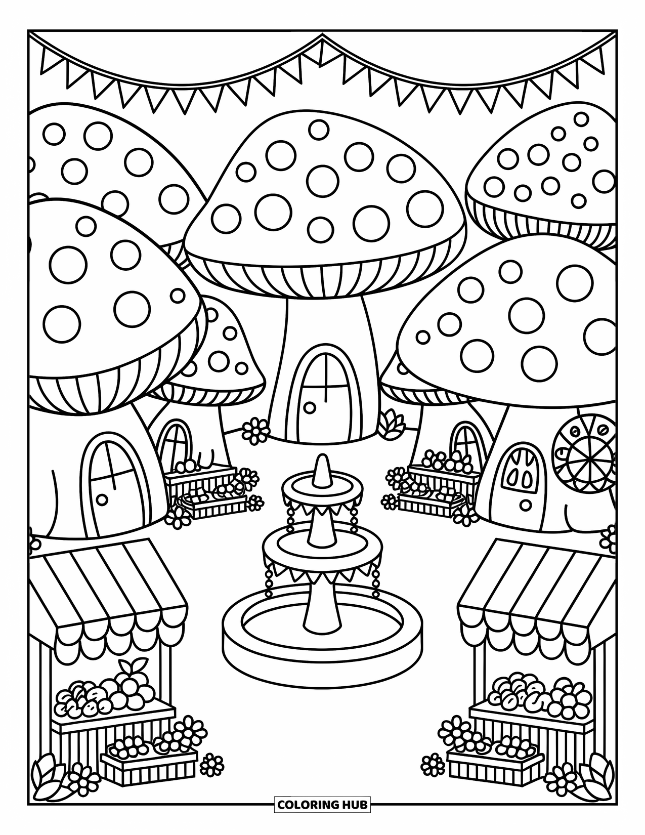Mushroom Coloring Page for Adults: A cozy village square with mushroom houses and fruit stalls