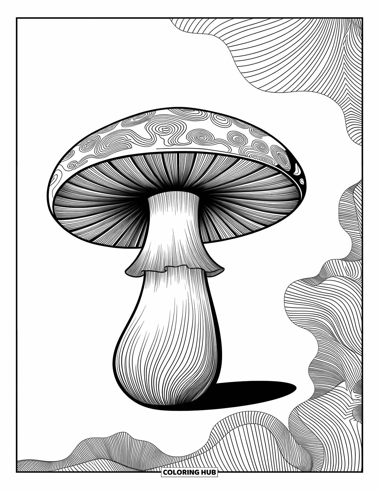 Mushroom Coloring Page for Adults: A detailed mushroom with swirling patterns