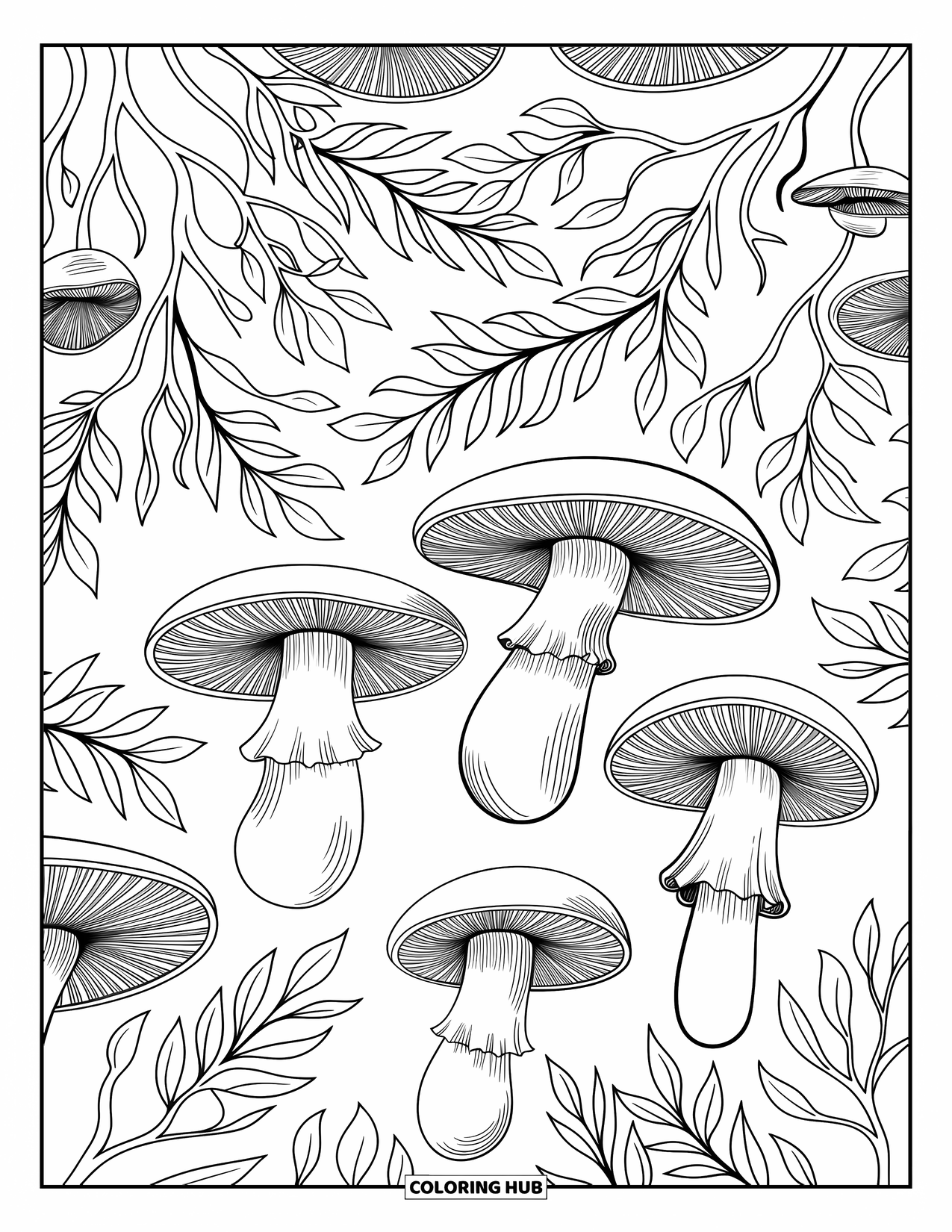 Mushroom Coloring Page for Adults: A forest floor with mushrooms, leaves, and root patterns