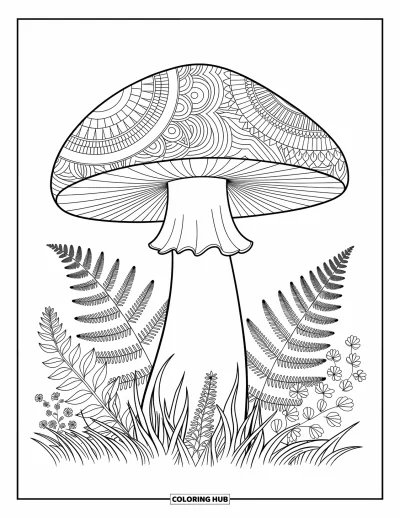 Mushroom Coloring Page for Adults: A large mushroom with mandala patterns surrounded by wildflowers
