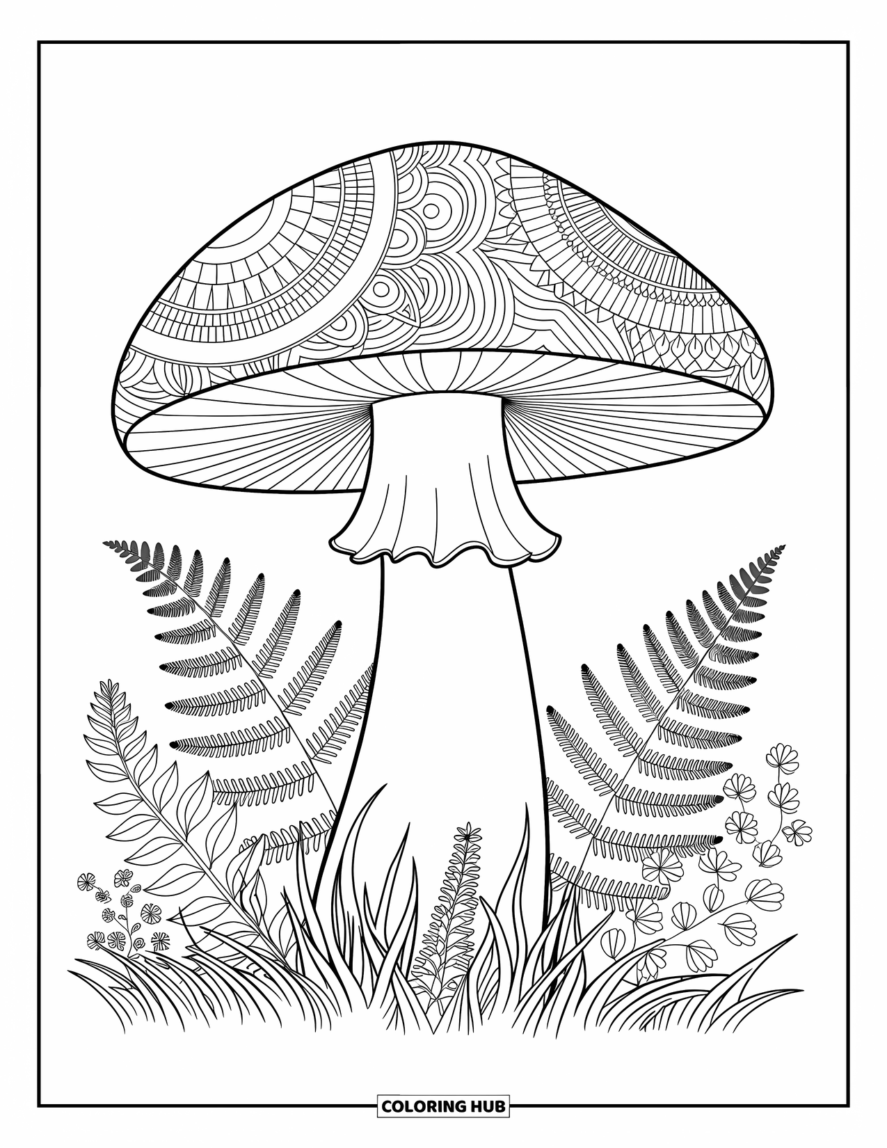 Mushroom Coloring Page for Adults: A large mushroom with mandala patterns surrounded by wildflowers