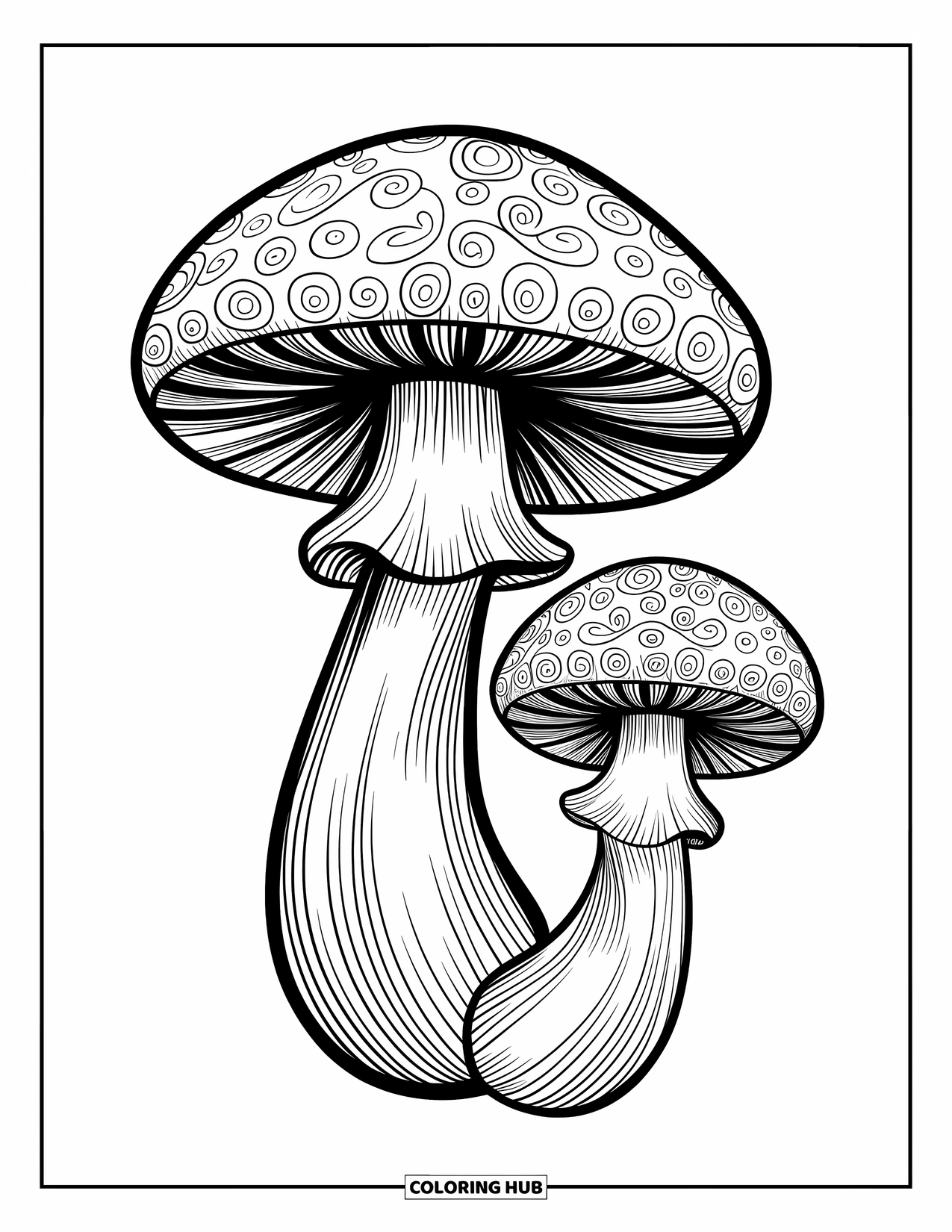 Mushroom Coloring Page for Adults: A large mushroom with swirling patterns