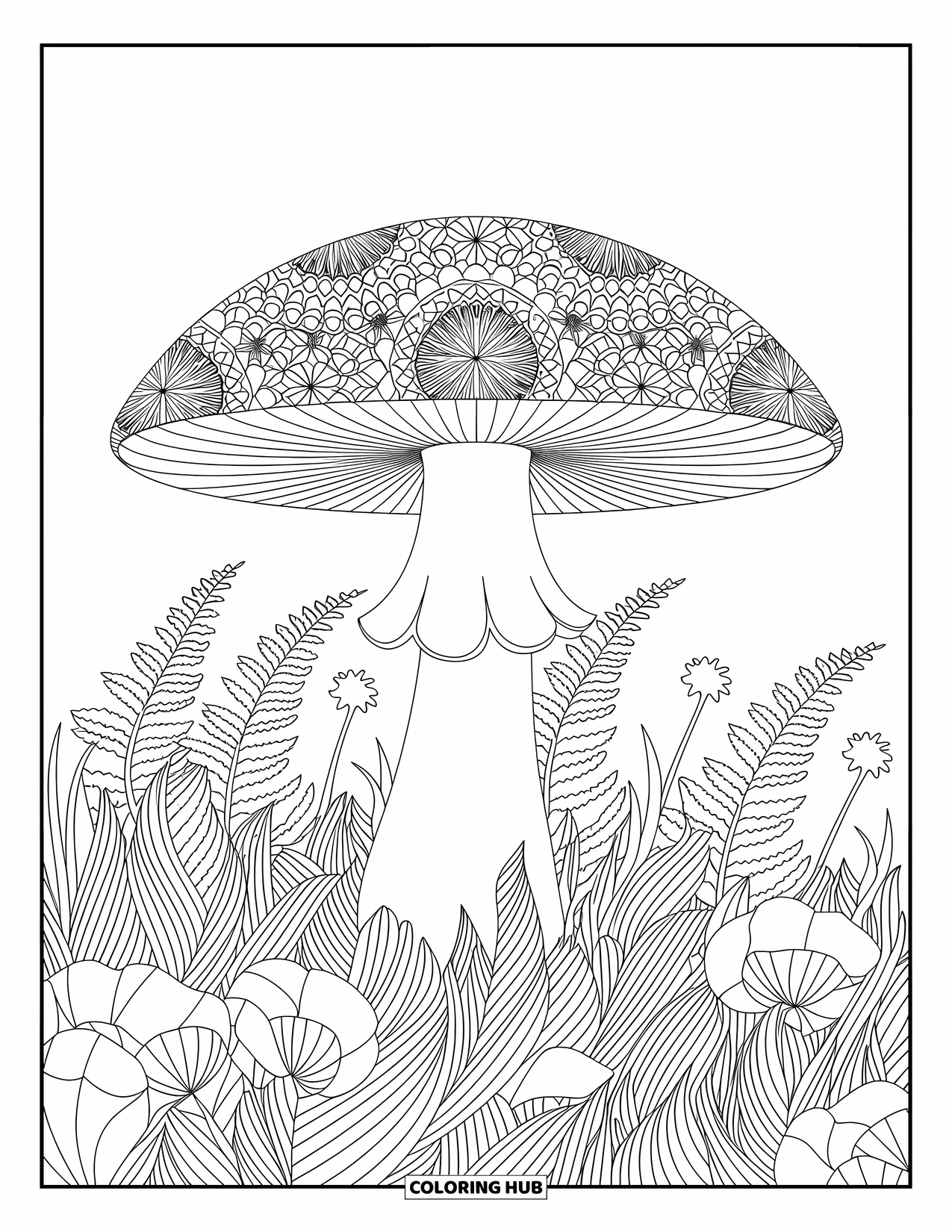 Mushroom Coloring Page for Adults: A mandala-patterned mushroom with wildflowers and ferns