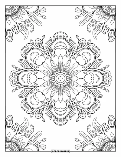 Mushroom Coloring Page for Adults: A mandala with mushrooms, leaves, and floral patterns