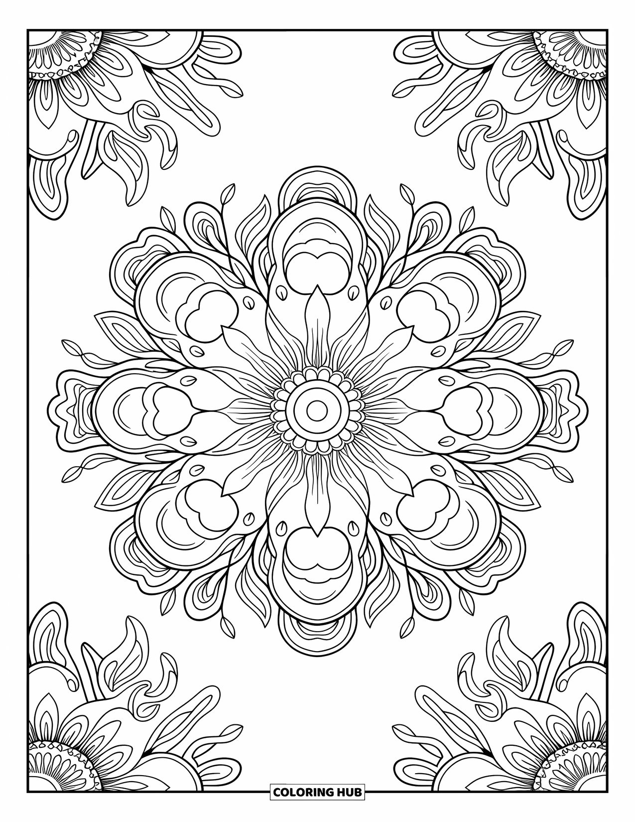 Mushroom Coloring Page for Adults: A mandala with mushrooms, leaves, and floral patterns