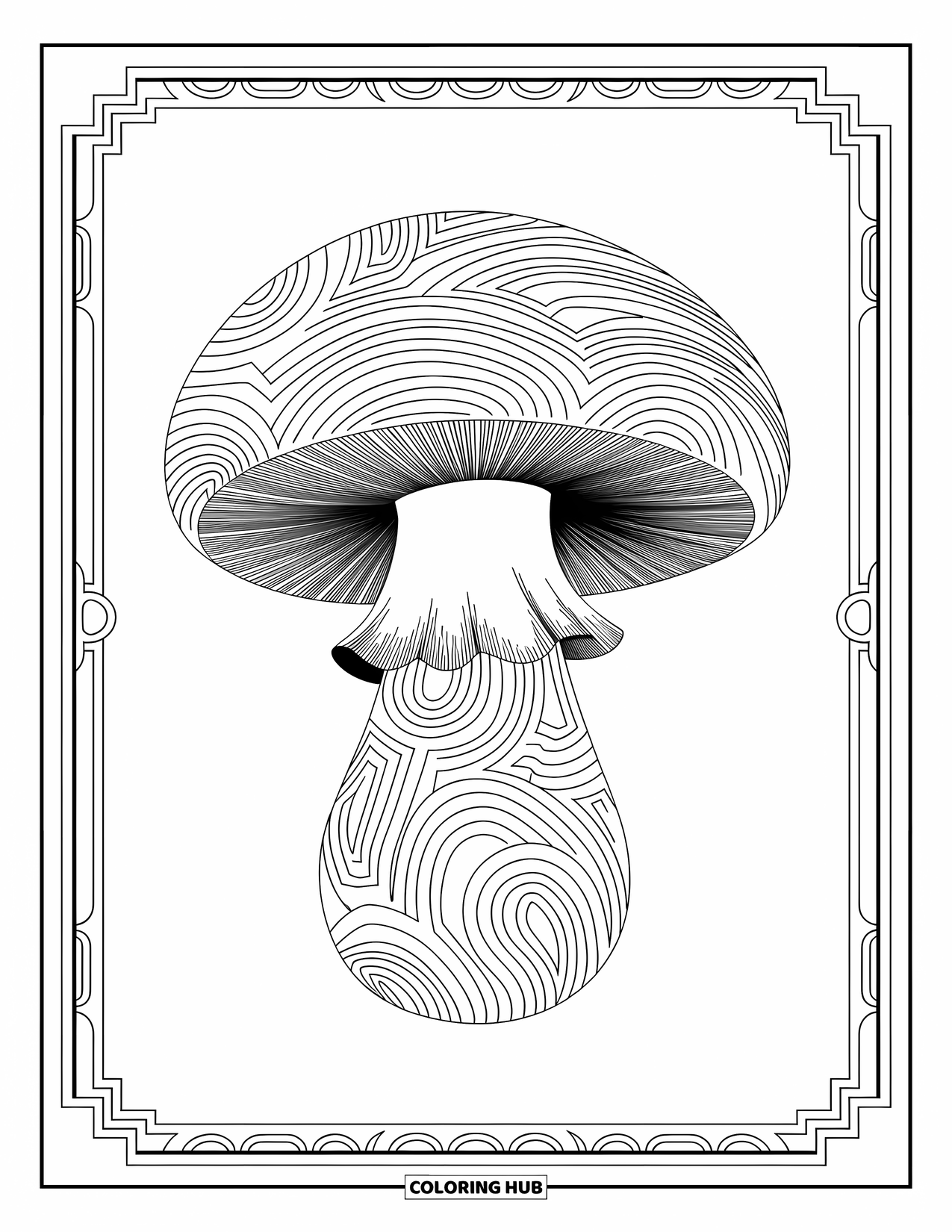 Mushroom Coloring Page for Adults: A mushroom adorned with swirling, intricate designs