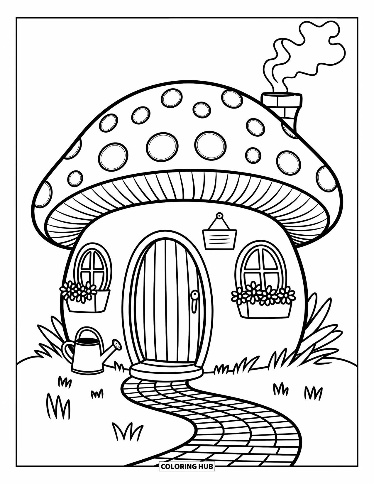 Mushroom Coloring Page for Adults: A mushroom cottage with flower boxes, smoke, and a tiny watering can