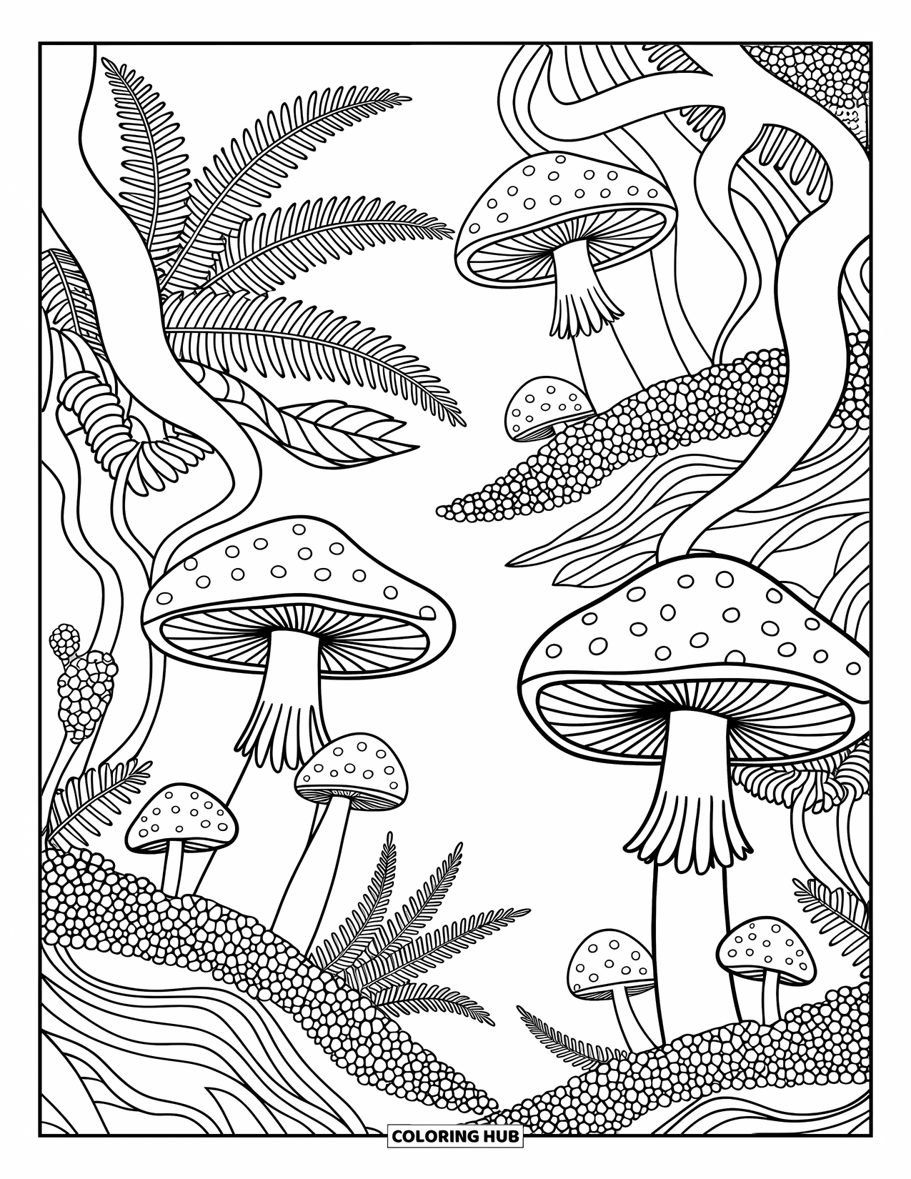 Mushroom Coloring Page for Adults: A mushroom grove with ferns, moss, and winding roots