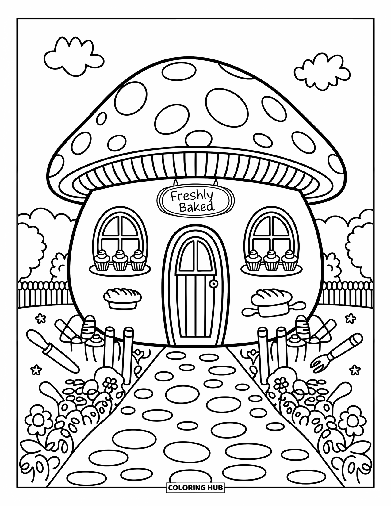 Mushroom Coloring Page for Adults: A mushroom house bakery with a striped awning and tiny bread loaves