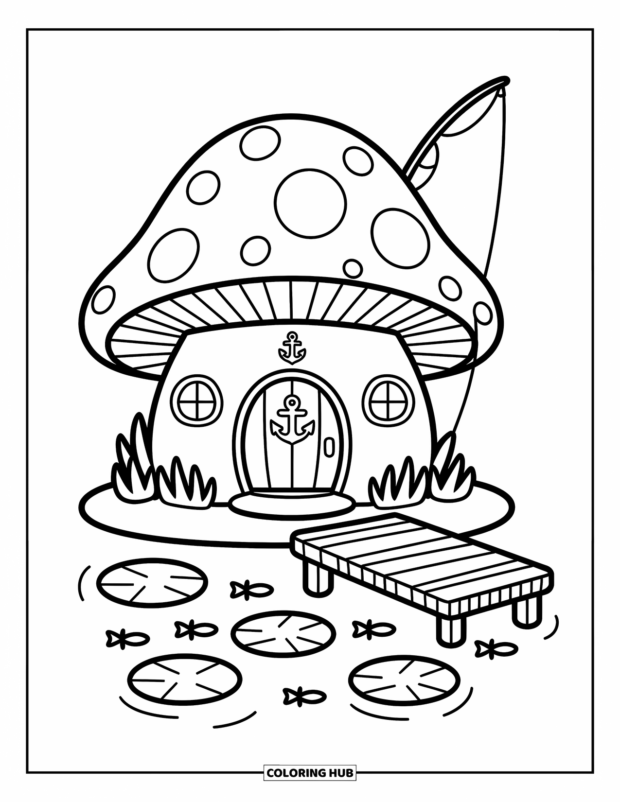 Mushroom Coloring Page for Adults: A mushroom house by a pond with a fishing rod and seashell door