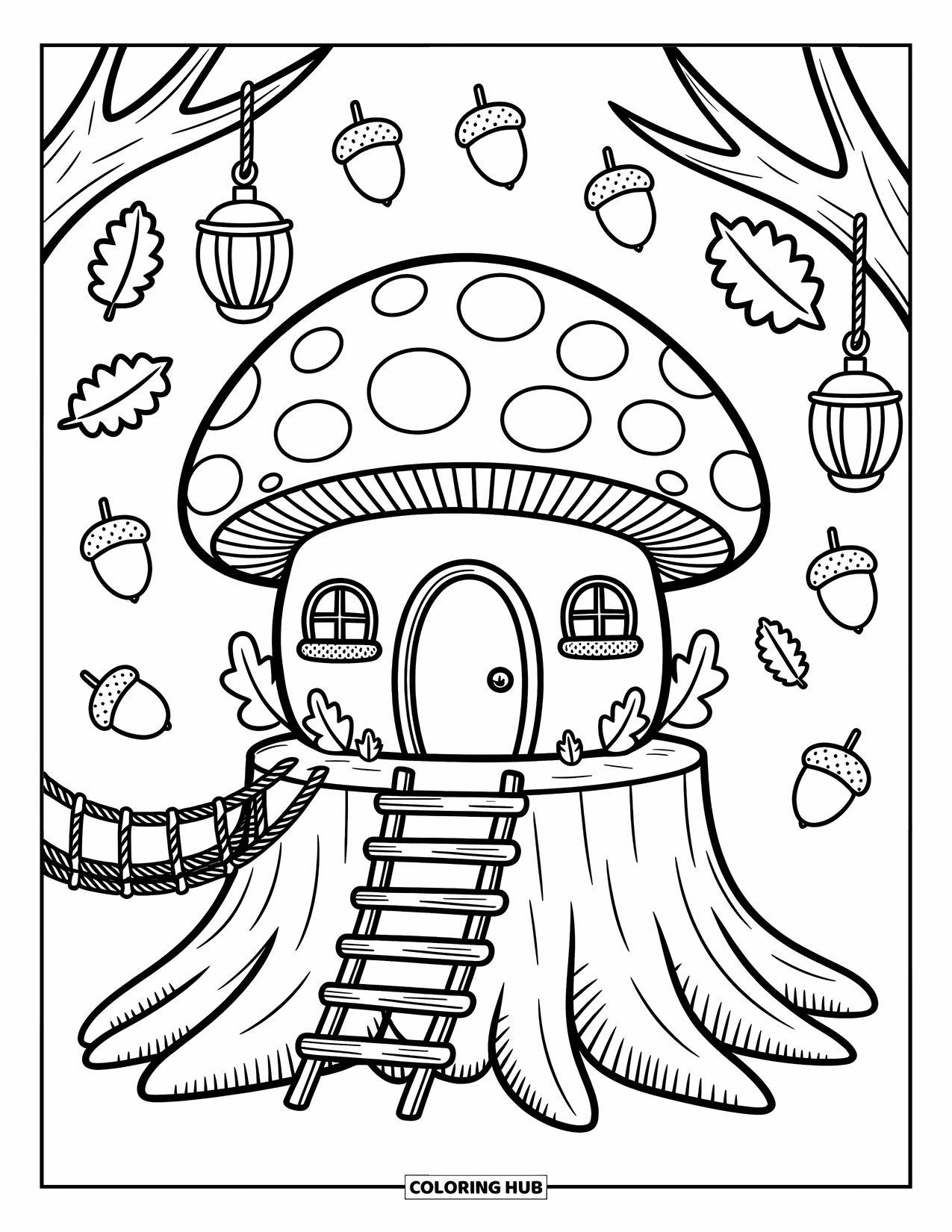 Mushroom Coloring Page for Adults: A mushroom house on a stump with a rope bridge and lanterns