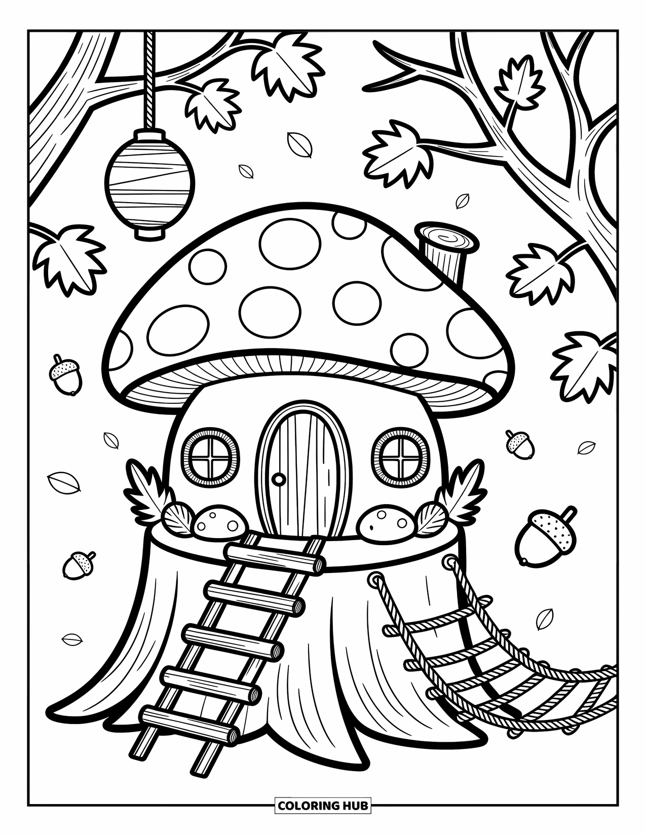 Mushroom Coloring Page for Adults: A mushroom house on a tree stump with lanterns, leaves, and acorns